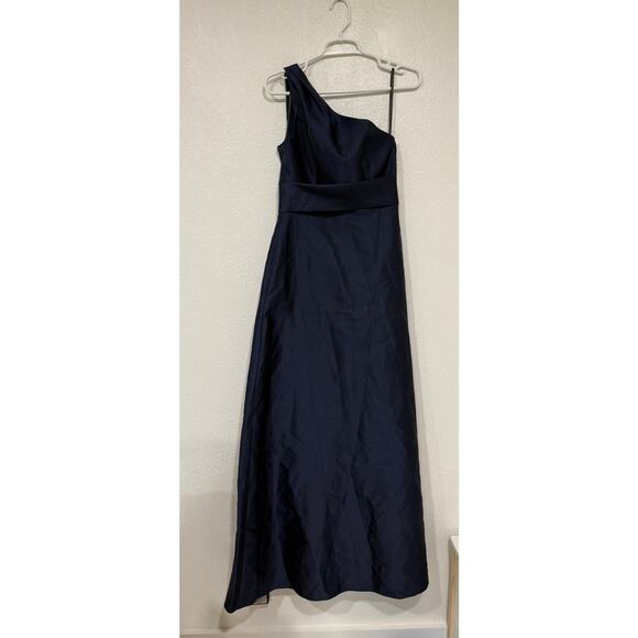 NWT Alfred Sung Draped One Shoulder Satin Maxi Dress Formal Midnight Navy Size 2 - Picture 2 of 9